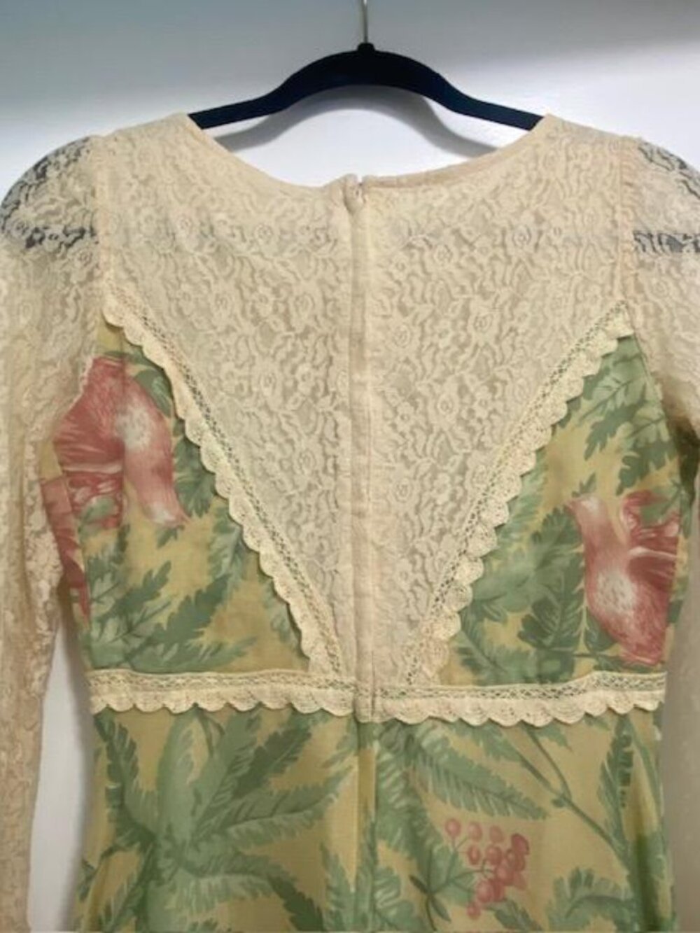 Vtg. Gunne Sax By Jessica Black Label Sage Tropical Bird Lace Bell Sleeves Maxi - Picture 6 of 9